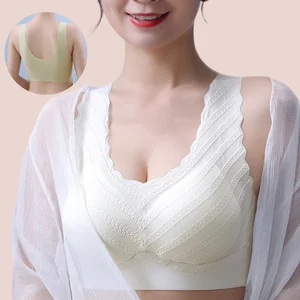Seamless Anti-Slip Sports Bra for Mature Women Supportive Soft Brassiere Lace Knitted Non-Removable Pad Skin Friendly Large Size