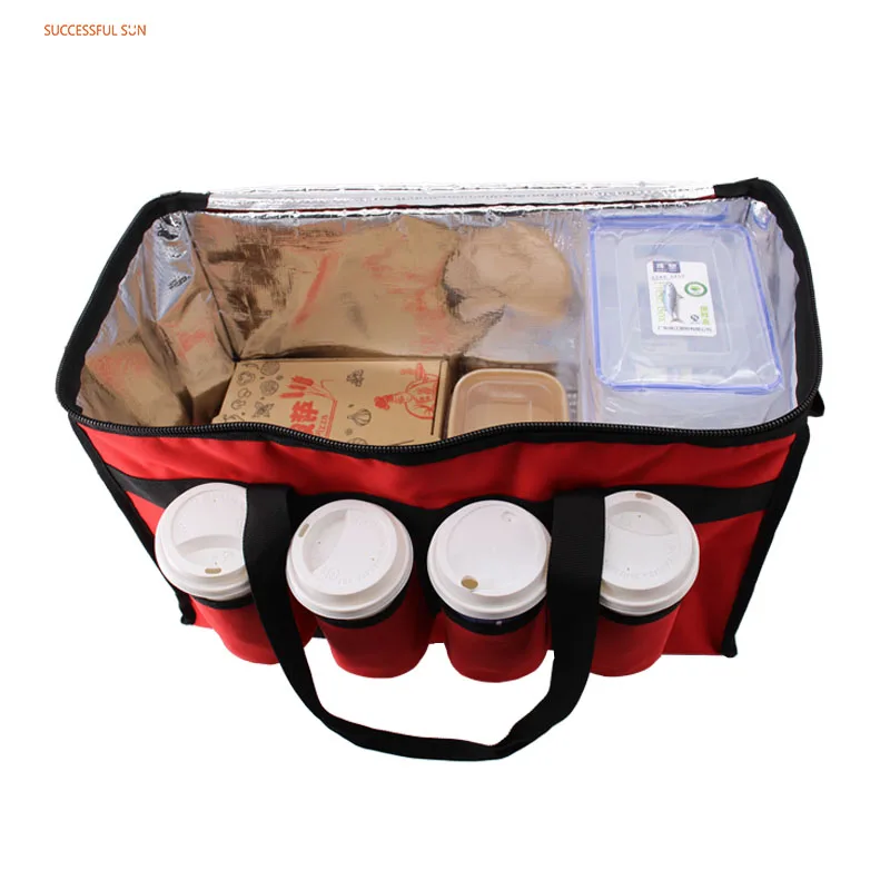 Wholesale Custom Reusable Take-out Insulated Pizza and Food Delivery Bag with 4 Cups Holders Cooler Tote Bag manufacture