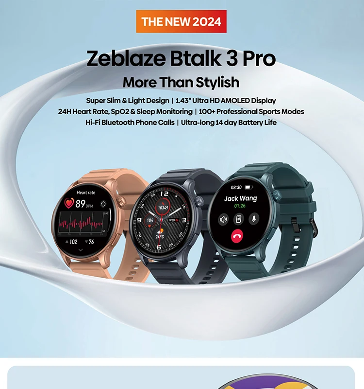 Zeblaze Btalk 3 Pro AMOLED Display Hi-Fi Bluetooth Phone Calls Health and Fitness Tracking Smart Watch