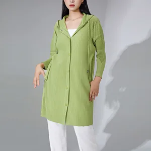 Miyake Pleated Hooded Sweatshirt Jacket Women's Loose Fit Single-Breasted Mid-Length Top With Pleated Casual Windbreaker Coat