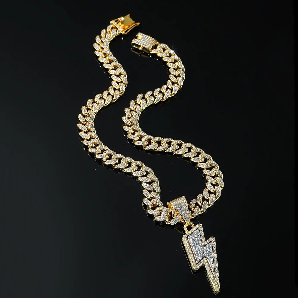 Colar cheio de diamante de liga de metal, colar masculino com pingente iluminação de hip hop