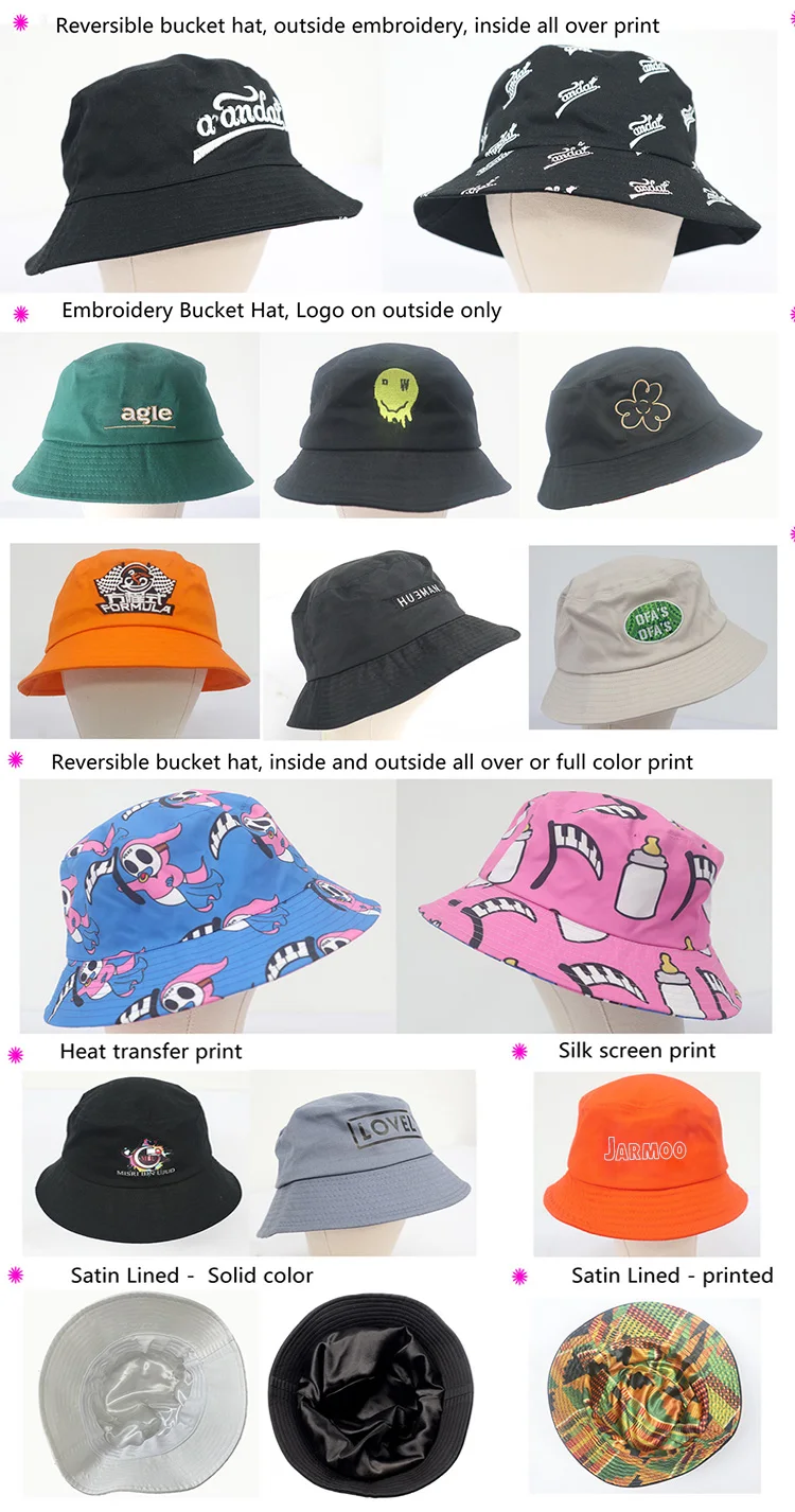Promotional Personal Brand Embroidery Logo Travel Bucket Hats Custom Blanks Satin Lined Bucket Hat