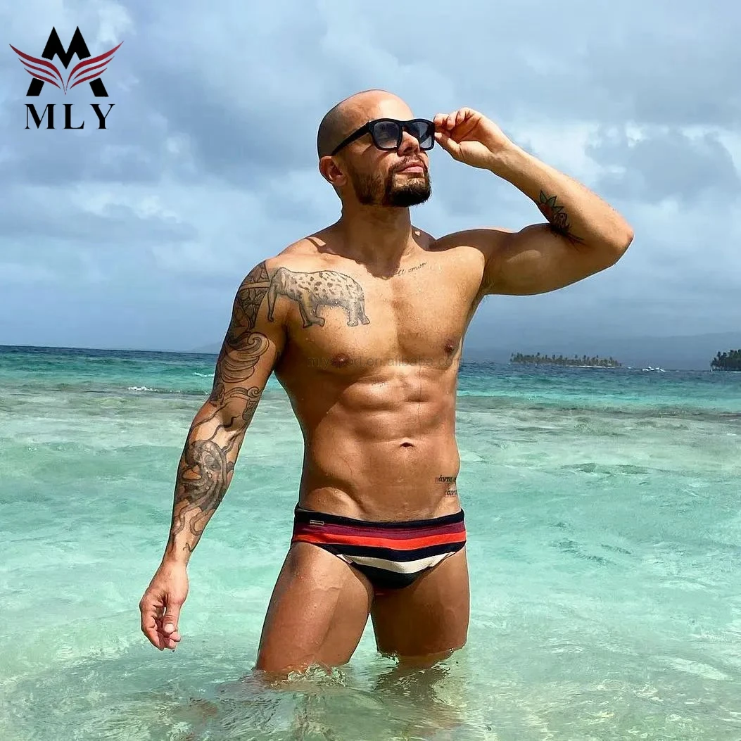 Customized Design Swimwear Stretchy Fabric Striped Mens Swimming Briefs Shorts for Men