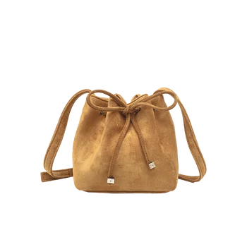 Minimalist All-Match Brown Buckle Bags, Classic Textured Mini Women's Shoulder Bag, Drawstring Bags for Girls&Women