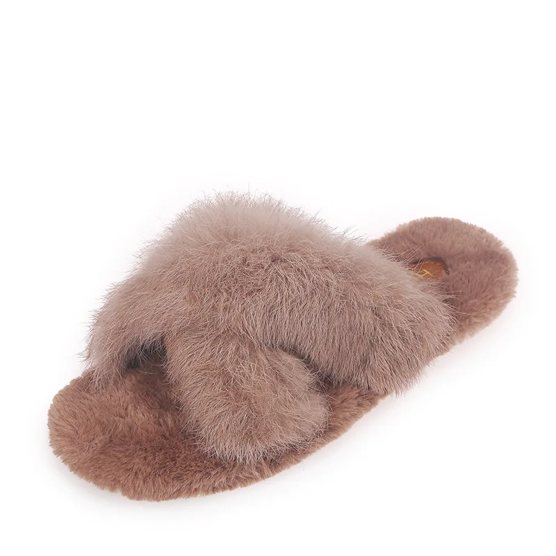 Rabbit Fur Slippers,Fuzzy Cross Strap 