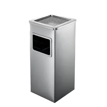 Commercial stainless steel standing trash can with integrated ashtray for hotel lobbies and elevator entrances