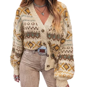 Dear-Lover Wholesale Casual Single Breasted Fashion Chic Western Pattern Winter Knitted Button V Neck Cardigan Sweater