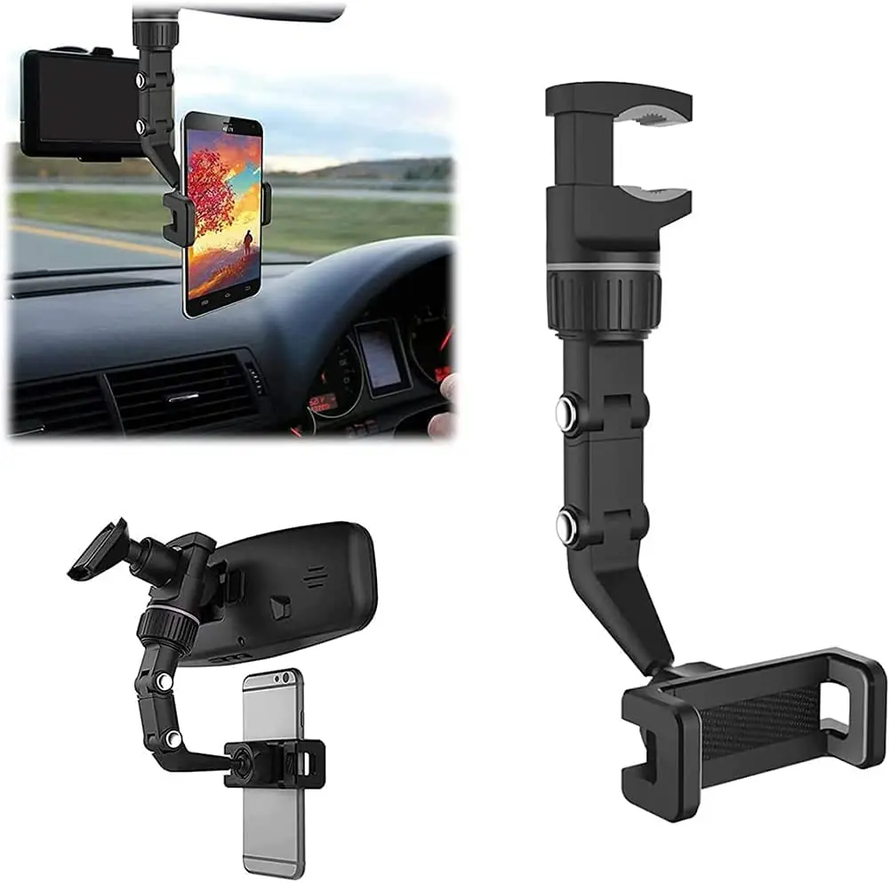 Gray + Cable New 360° Rearview Mirror Phone Holder,Car Rearview Mirror Mount Phone and GPS Holder,Universal 360 Degrees Rotating Car Phone Holder,Cell Phone Automobile Cradles 