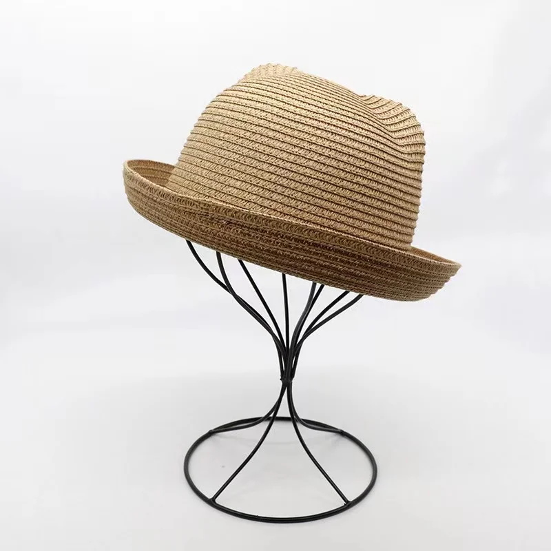 Unisex Cute Cat Ears Paper Straw Boater Hat for Kids Summer Outdoor Fun with Plain Design