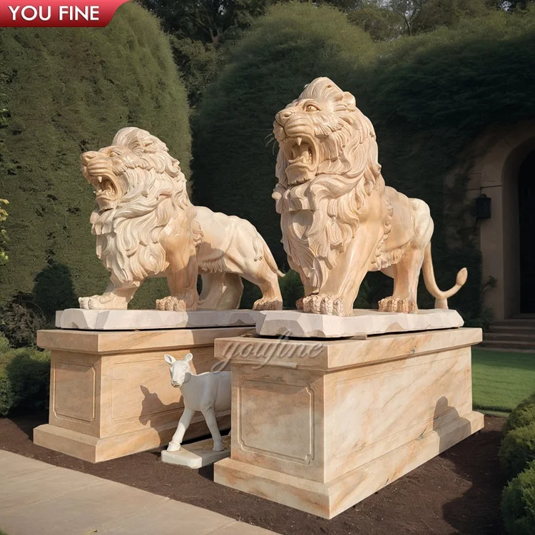 Outdoor Garden Hand Carved Life Size Red Marble Stone Lion Statue ...