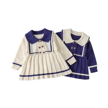 Girls' Navy Woolen Skirt Long-Sleeved Infant Knitted Pleated Dress Casual Autumn Baby Clothing for Summer Season