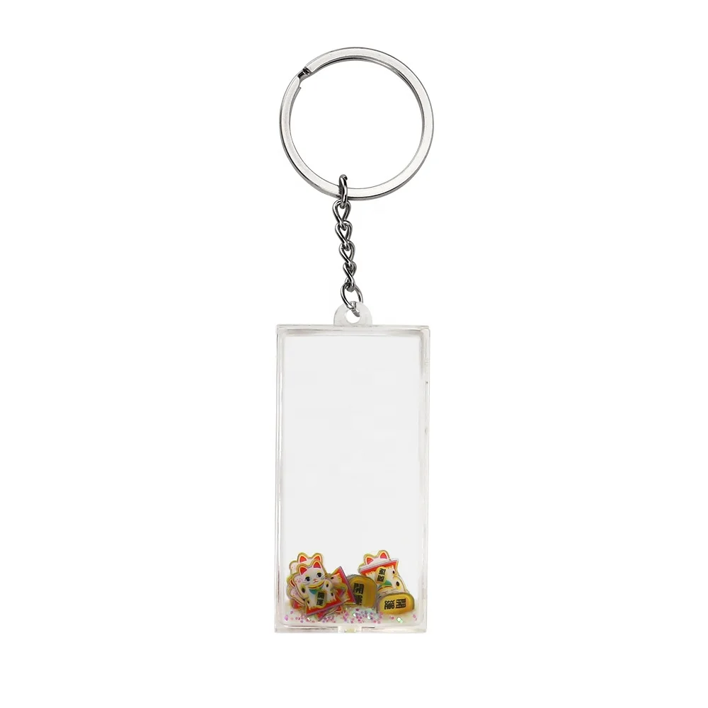 Custom Rectangle Empty DIY Acrylic Quicksand Floating Liquid Filled Oil Flower Water Sea Sand Glitter Snow Powder Name Keychain