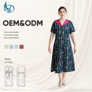 OEM Accepted Summer High Waist Short Sleeve  Woven Dress Retro for Women