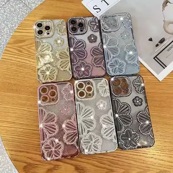 fashion electroplating soft 3D flower design phone case for iphone 15 pro max  Diamond flower cellphone cover for apple case