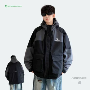 Men's Spring Puffer Jacket Heavy-Duty Thermal Thick Waterproof Front Logo Hooded Windbreaker Stand Collar Zipper