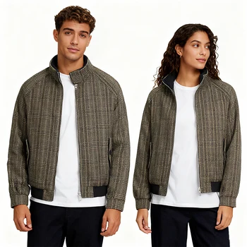 Zewu Unisex Plaid Bomber Jacket, Stand - Collar, Zip - Up, Retro Casual Streetwear