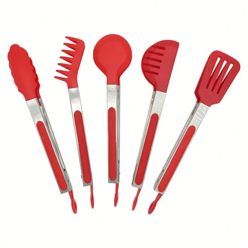 Customized Logo Wholesale Premium Sustainable 5-Piece Cooking BBQ Baking Tools Stainless Steel Locking Kitchen Tongs