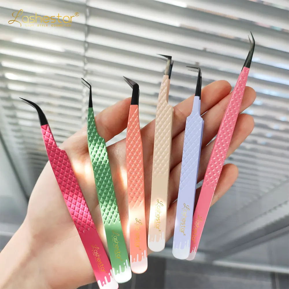 Colourful Grip Eyelash Tweezers Custom Box Packing Private Label Fiber Tip Volume Lash Extension Tweezers Set