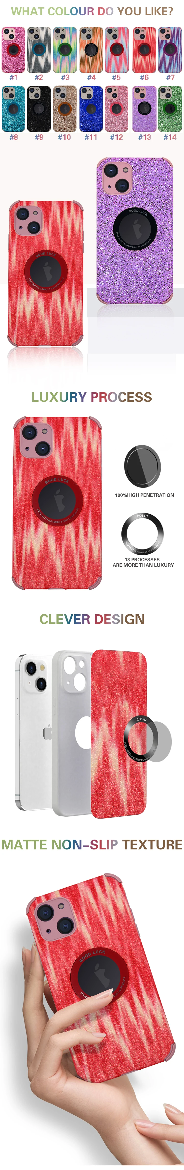 Wholesale New Design Logo display hole Flash powder Leather Mobile Phone Case Accessories Back Cover For iphone 13