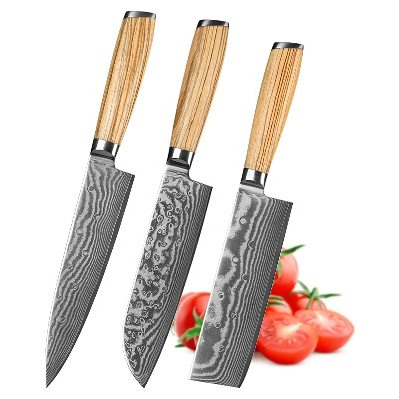 High-end zebra wood handle chef knife set damascus with wooden gift box  customization