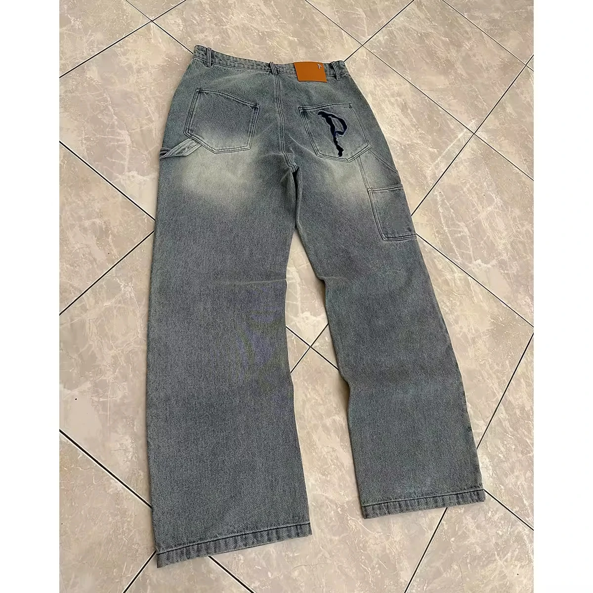 SALATI Distressed Straight Acid Wash Baggy Cargo Jeans Unisex Wide Leg Pants Rhinestone Double Knee Denim Carpenter Pants Men gallery 2