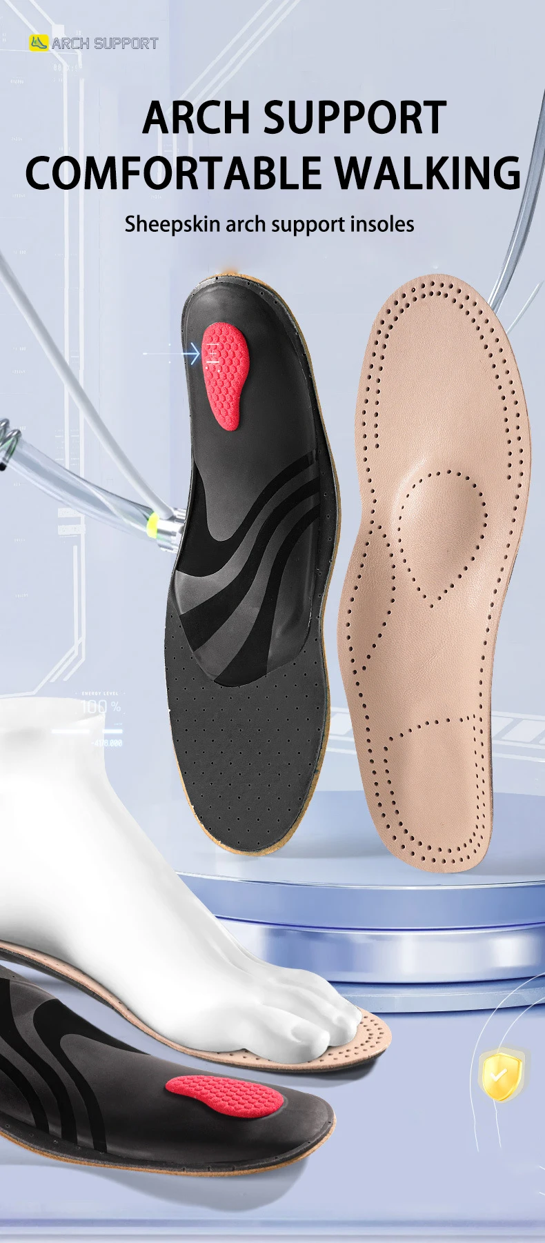 New Arrival! Sheepskin Latex Arch Support Correction Insoles for Bowlegs Shock Absorbing Ball-of-Foot Cushion Pads MOQ 1 Pair