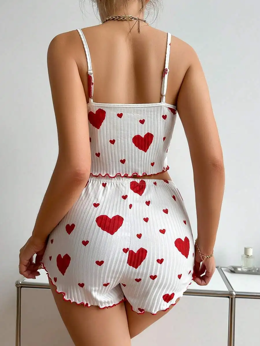 2024 European and American Women's Knitted Pit Stripe Print Sweet Camisole Shorts Pajamas