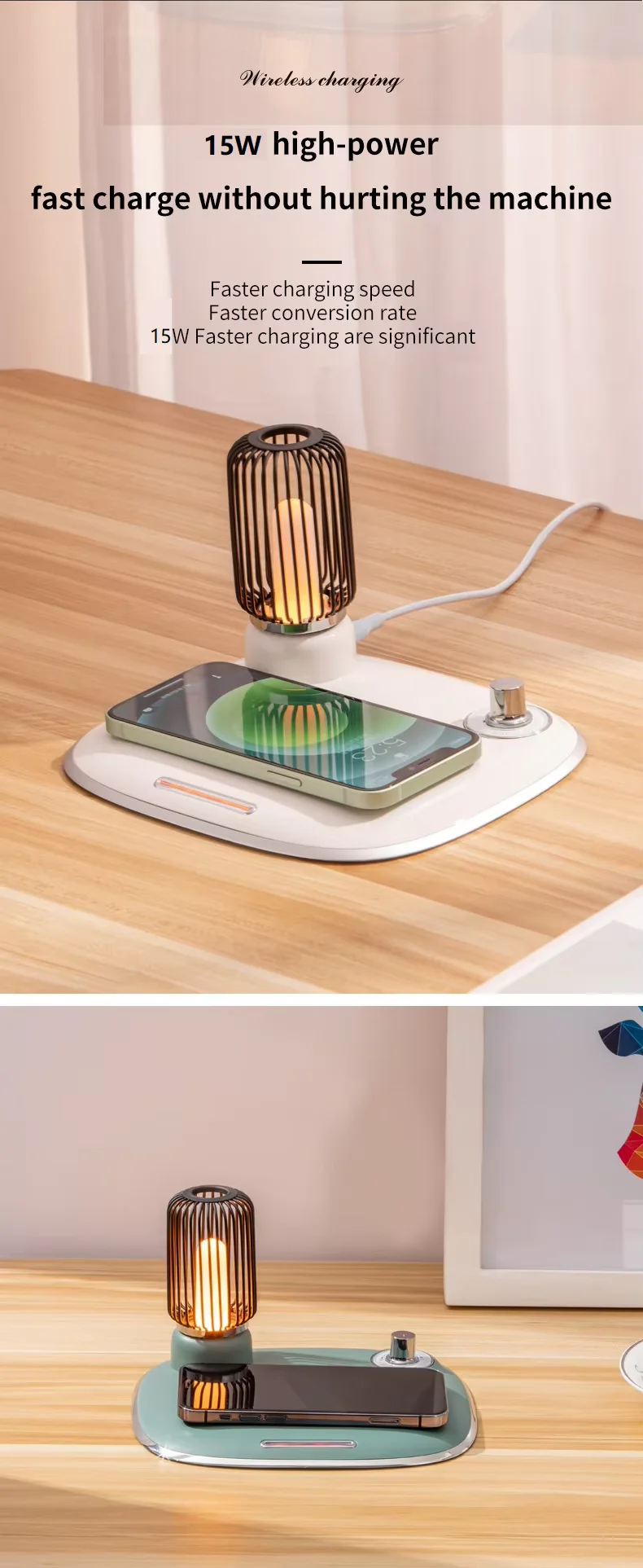 2-in-1 Adjustable Bedside Table Rotating Switch 15W 10W 7.5W 5W Wireless Phone Charger Amber Light Lamp Multi-Function