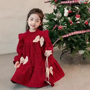 Christmas Korean Girls Princess Dress Autumn Winter Wear Baby Girls Bow Princess Dresses Children Red New Year Party Dress