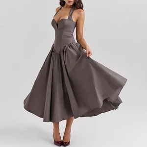 Custom High Quality Vintage Inspired Halter Midi Dress with Translucent Fabric for Elegant Office Lady & Formal Occasions