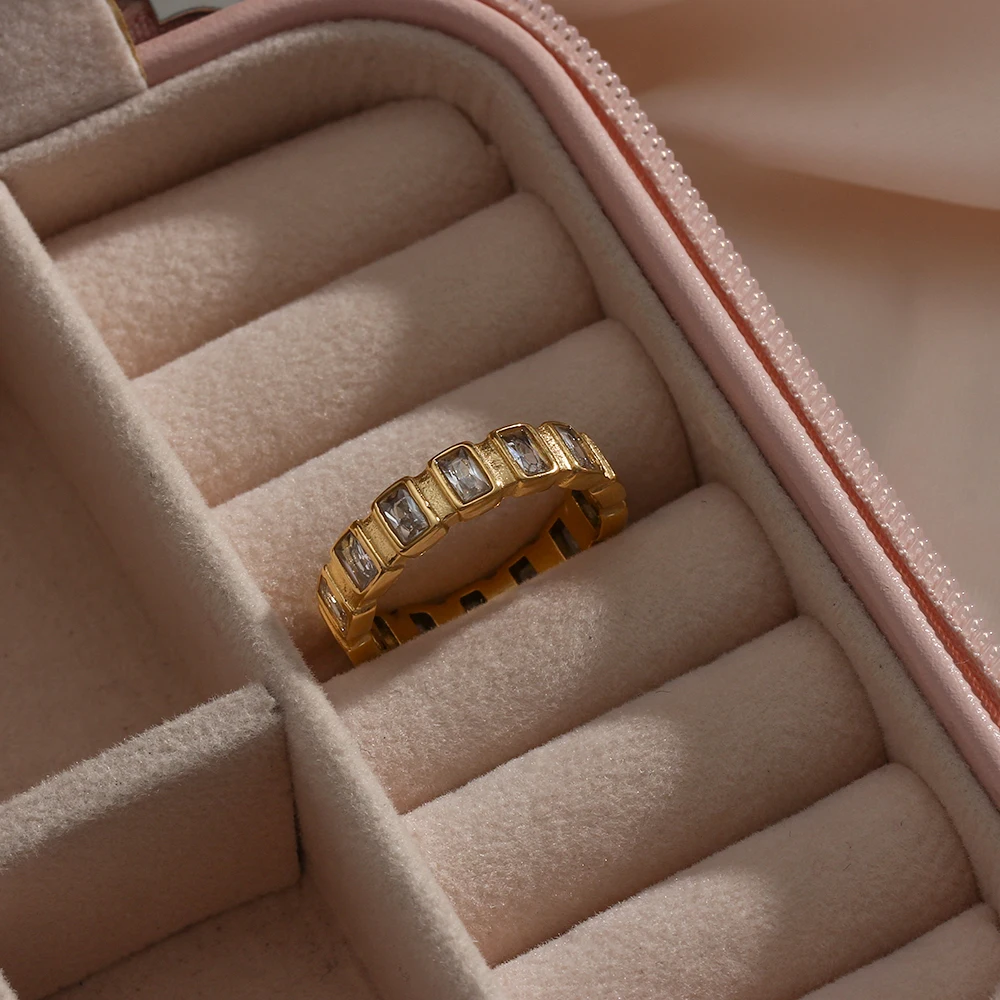 Simple Style 18K Gold Plated Stainless Steel Ring Square Diamond Stone Ring Jewelry for Women Jewelry