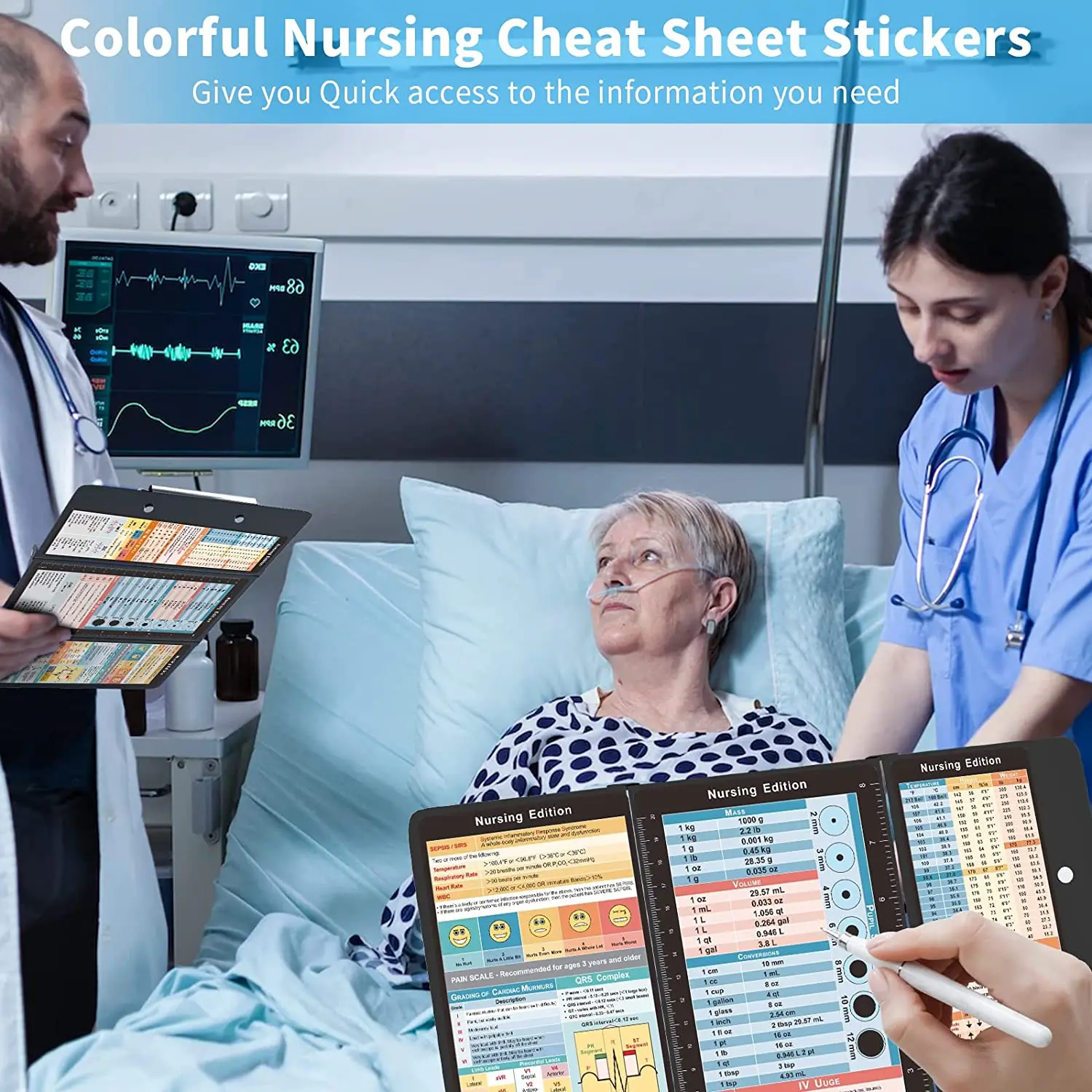 Nursing Clipboard with Nursing and Medical Edition Cheat Sheets 3 Layers Aluminum Foldable Nurse Clip Boards Notepad for Student