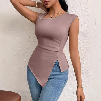Women's Summer Simple & Elegant Daily Life Solid Color Sleeveless Tight T-Shirt with Split Hem& Cinched Waist