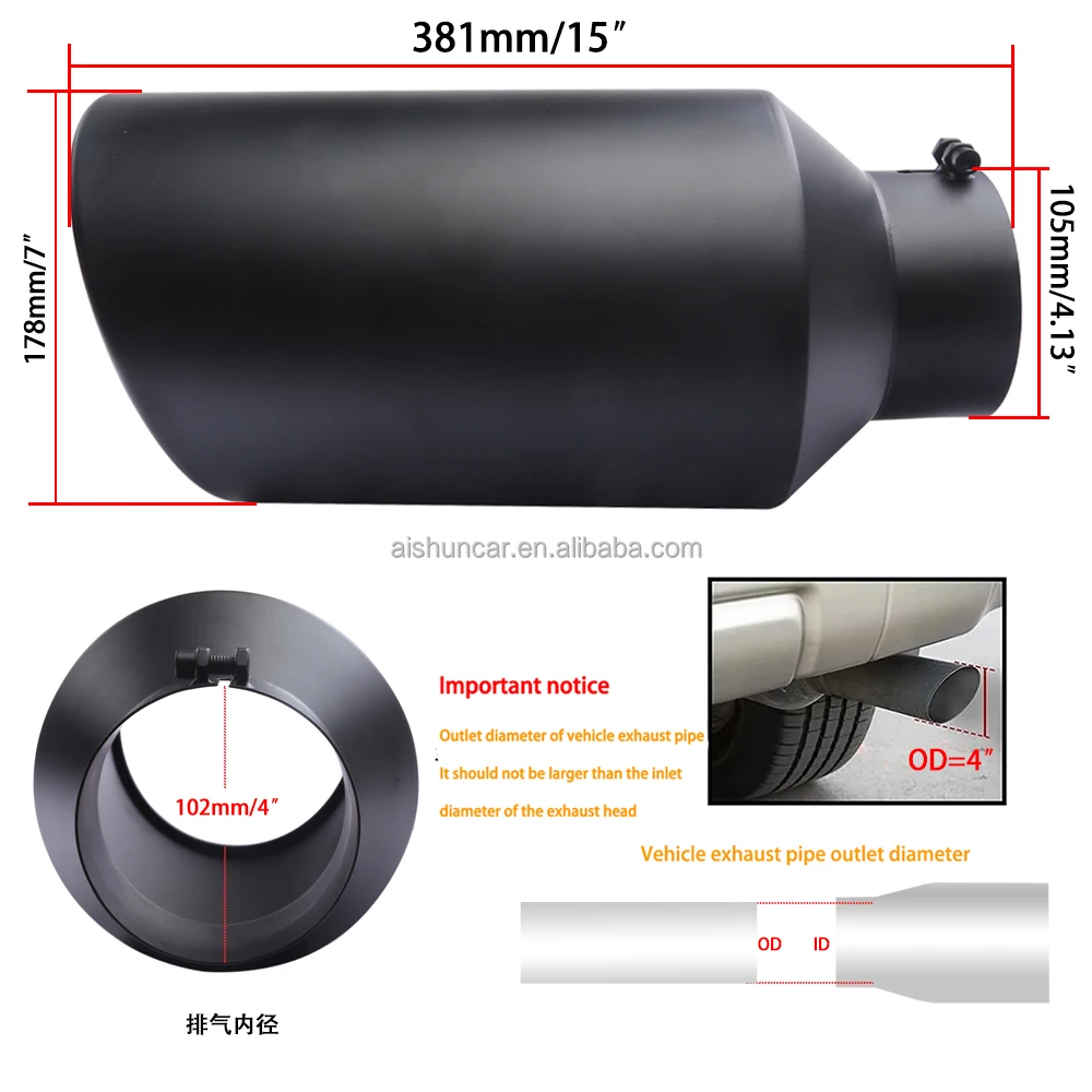 LCGP 4” Inlet 7” Outlet Stainless Steel Exhaust Tip – 15” Long, Rolled Edge, Powder-Coated Black For Diesel Trucks