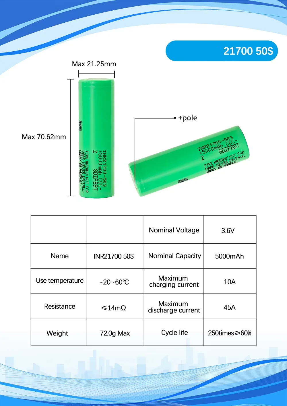 21700 50s 3.6v 5000mah Cylindrical Rechargeable Lithium Battery ...