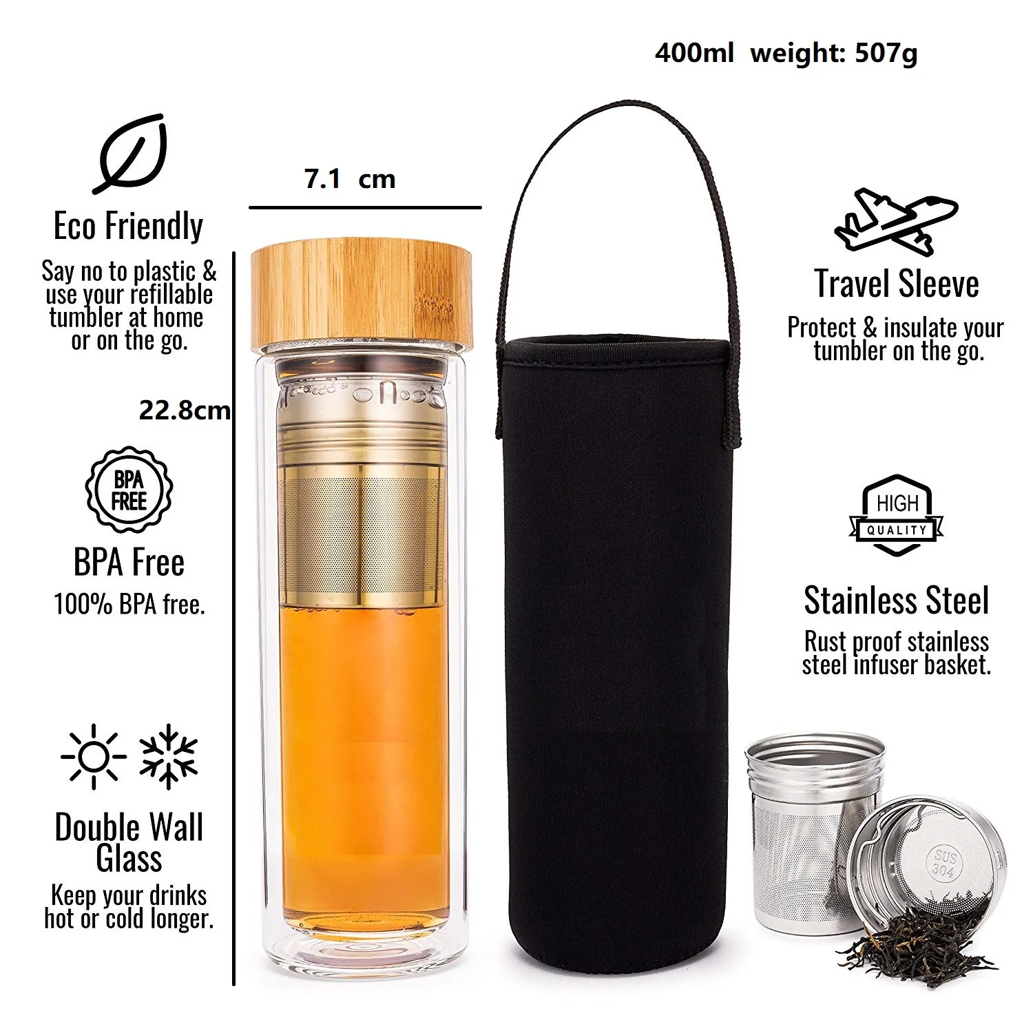 400ml 500ml Custom Logo Lower Moq Double Wall Vacuum Glass Tea Bottle With Stainless Steel Long