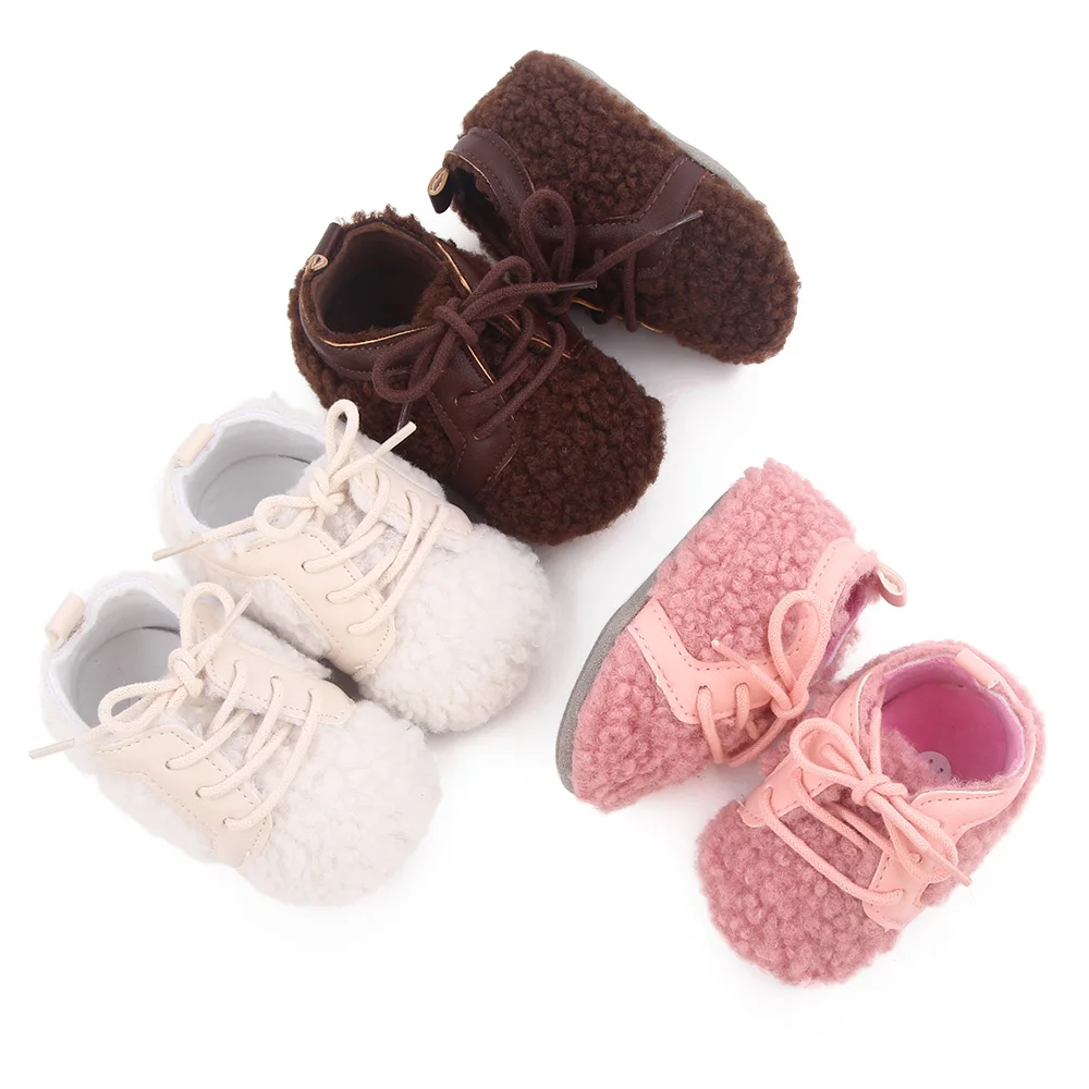 PU Leather Solid Color Plush Front Lacing Cute Warm Baby Soft Soled Toddler Cotton Shoes