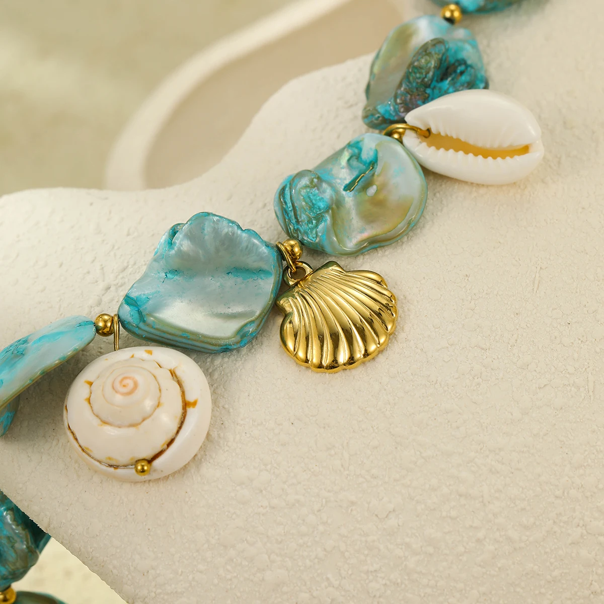NIMAI Bohemian Blue Big Shell Starfish Pendant Charm Necklace Pearl Sea Snail Sea Shell Statement Stainless Steel Ocean Jewelry
