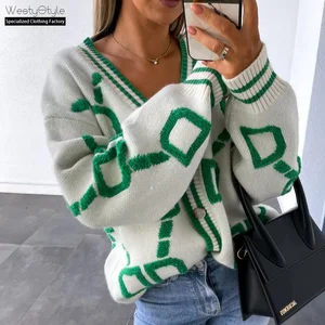 2026 Autumn Winter Women's V-Neck Wool/Nylon Single-Breasted Knitted Pullover Striped Anti-Pilling Loose Casual Long Front
