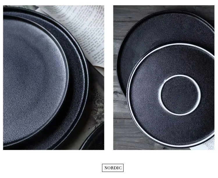 Ceramic Tableware Steak Plate Light Luxury 21cm Black Abrazine Flat Plate Restaurant  Pasta Plate for Hotel