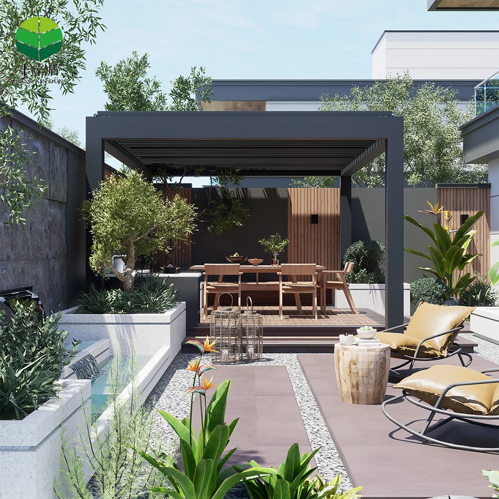 Bioclimatic Waterproof Aluminium Pergola Cover Motorized Exterior Gazebo Louvered Roof Garden Shading Aluminum Powder Coated