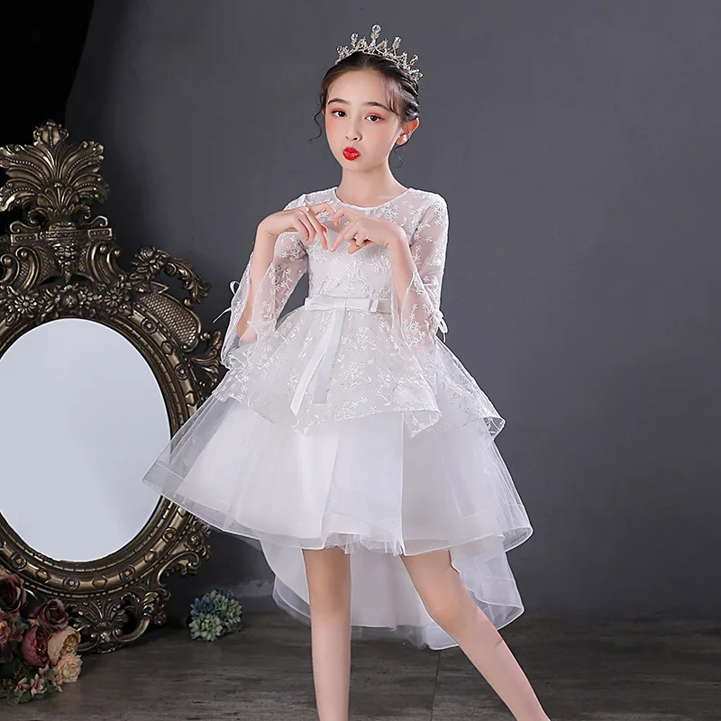 Latest Design Low Cut Handmade Short Front Long Back Flower Baby Girl Party Wedding Dress for 8 Years Old
