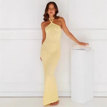 2025 New Women's Sexy Knitted Beach Bikini Cover-Up Dress Solid Color Simple Fashion Element