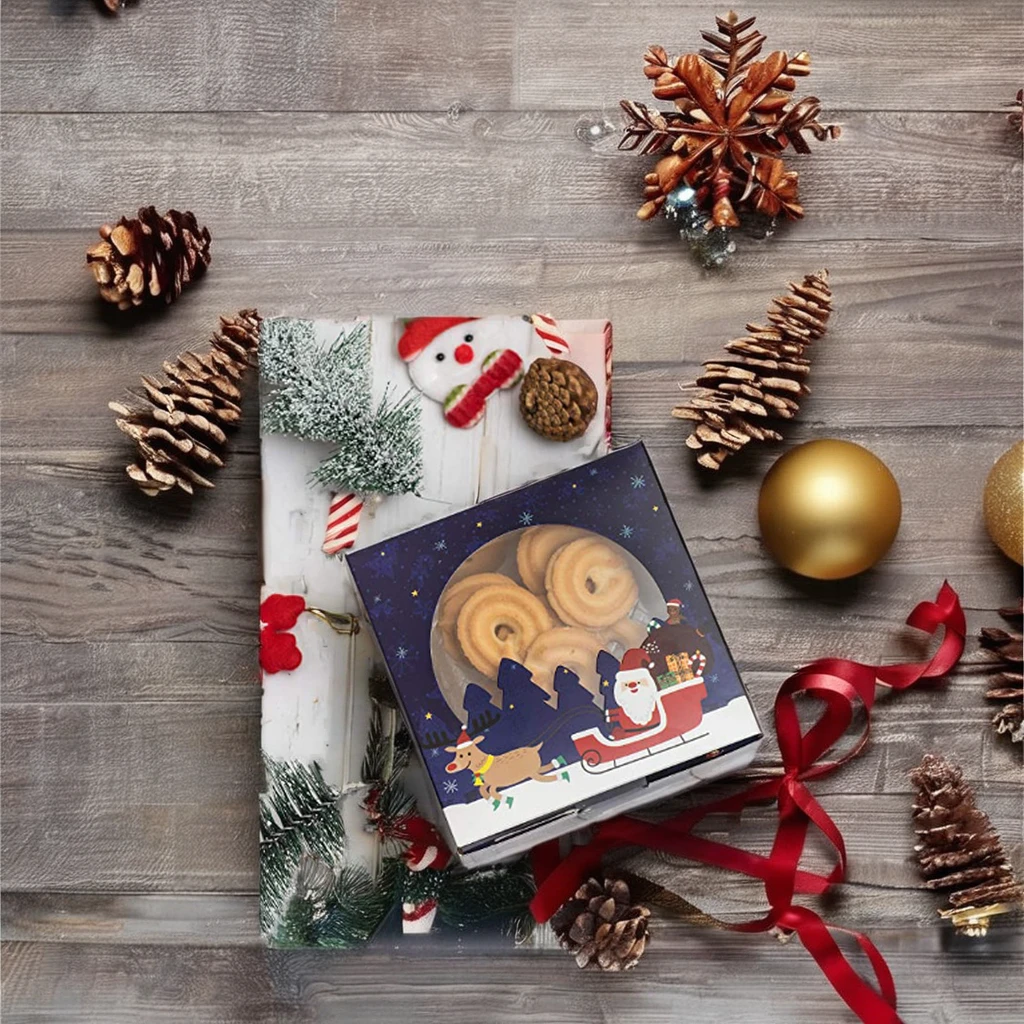 Caja de regalo navideña personalizada de papel kraft con ventana, para caramelos, galletas, productos de repostería, copos de nieve, nueces y otros dulces; con barnizado y asa, apta para uso festivo