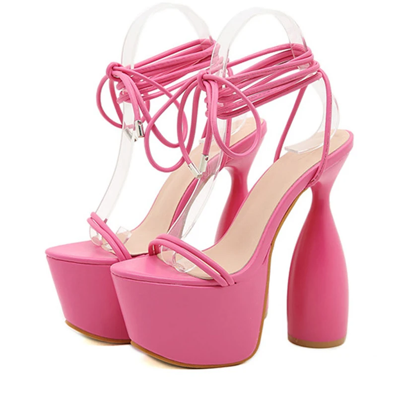 
 Fashion  2021 Summer Sexy lace up heel Peep Toe Ankle Strap women Sandals Platform Strange High Heels Party Stripper white Shoes  