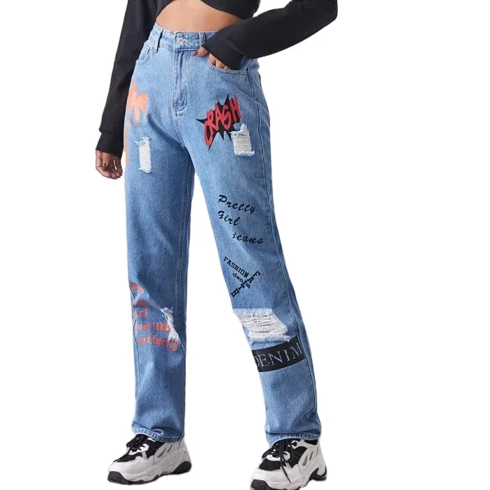 Vaqueros Rasgados De Pierna Recta Para Mujer,Vaqueros Con Detalle De  Letras,Lavado Medio,Informal - Buy Vaqueros De Lavado Medio Para Mujer, Vaqueros De Pierna Recta Para Mujer,Vaqueros Estampados Con Letras Para  Mujer Product on