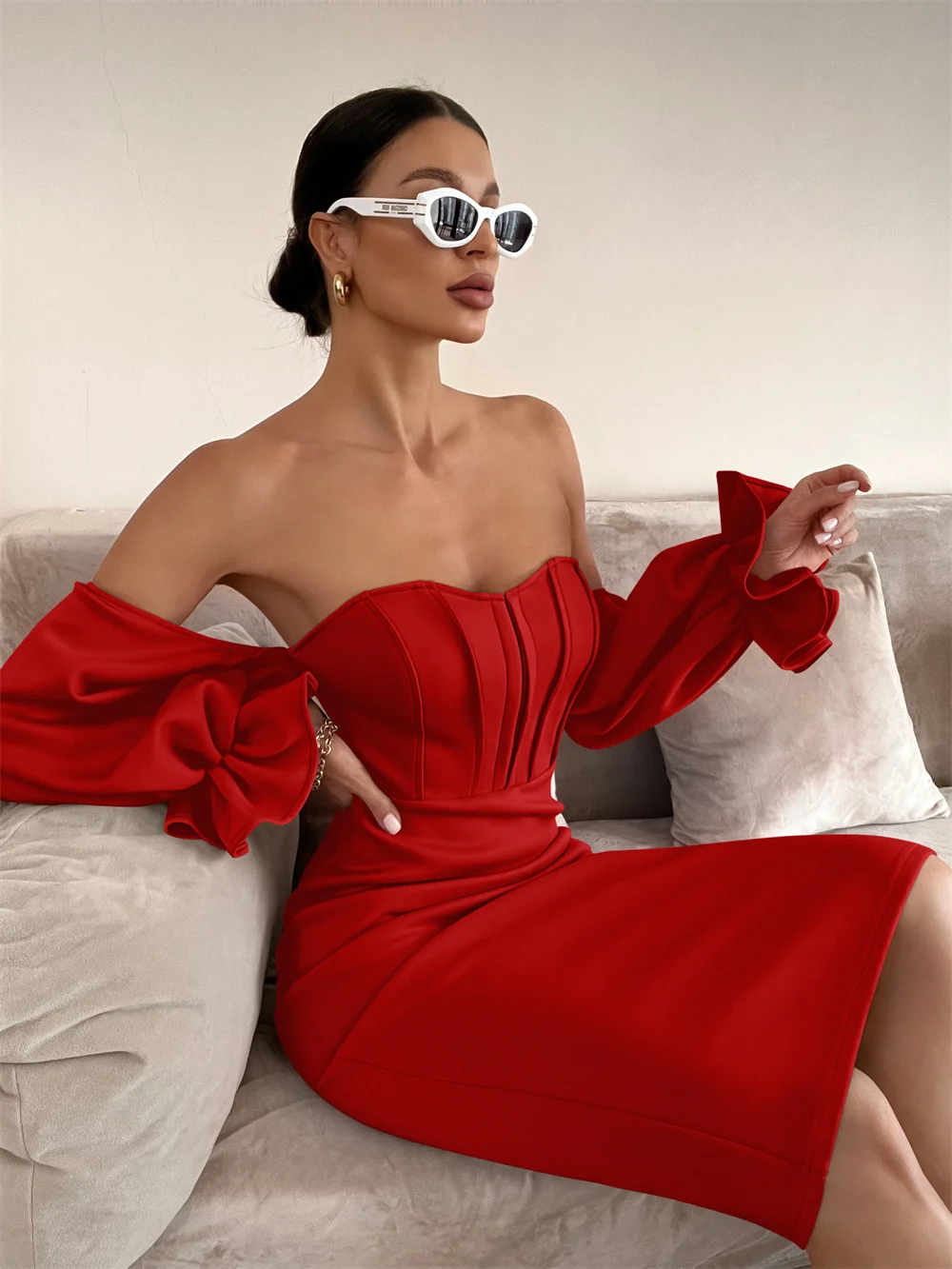 New Wholesale Women Off Shoulder Dress Bodycon Ruffles Sleeve Midi ...