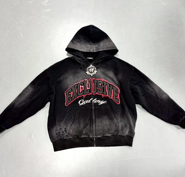 SALATI High Quality Custom Streetwear Zip up Jacket Heavyweight Vintage Acid Wash Distressed Applique Embroidery Boxy Hoodie Men gallery 3