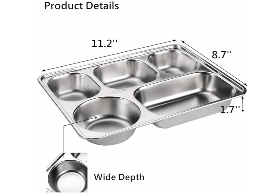 Customizable stainless steel rectangular divider trays bulk, 5-part dinner plates for all groups