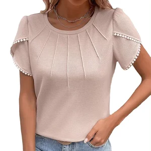 Custom Women's Solid Breathable Knitted Petal Short Sleeve Ruched T-shirt Summer Vintage Style Eco-Friendly Compressed Factory